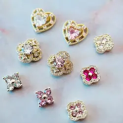 10pcs/lot Pink Red Love Heart Flower Alloy Nail Art Zircon Crystal Metal Manicure Nails Accesorios Supplies Decorations Charms