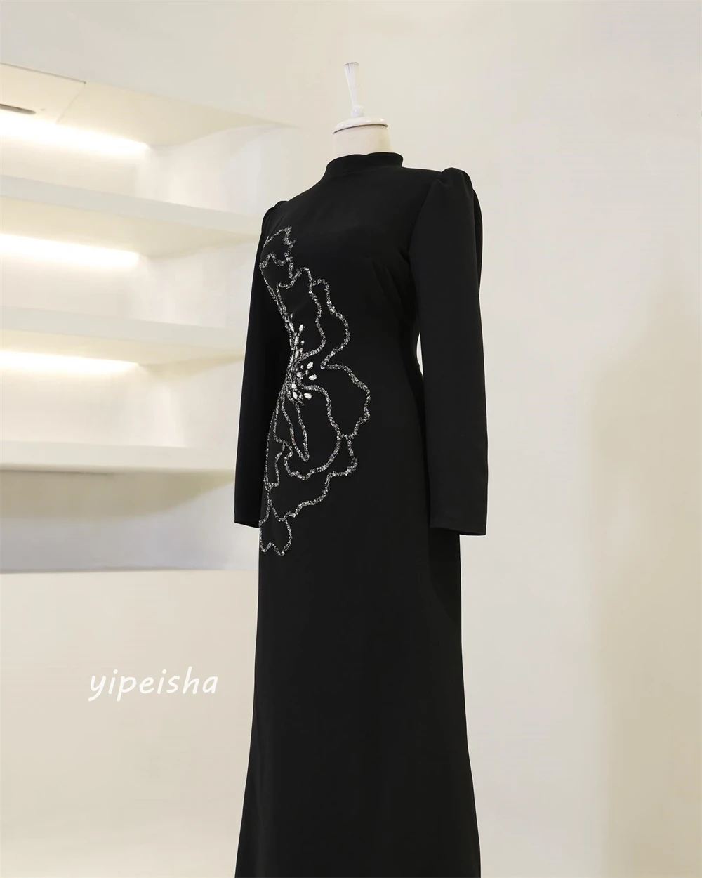 Customized Jersey Draped Beading Sequined Christmas A-line High Collar Bespoke Occasion Gown Long Dresses