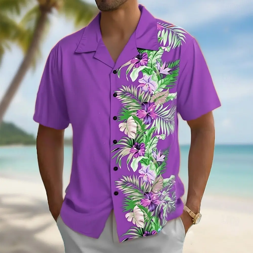 Men's Tropical Floral Print Hawaiian Shirt, Cuban Camp Collar Short Sleeve 3D Print Beach Shirt, Blue Red Purple