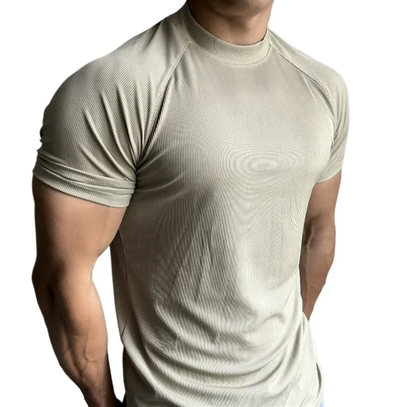 Summer Sports Outdoor Training Short Sleeves Men's Slim Elastic  Shoulder Sleeves Small Neckline T-shirt Solid Color Breathable