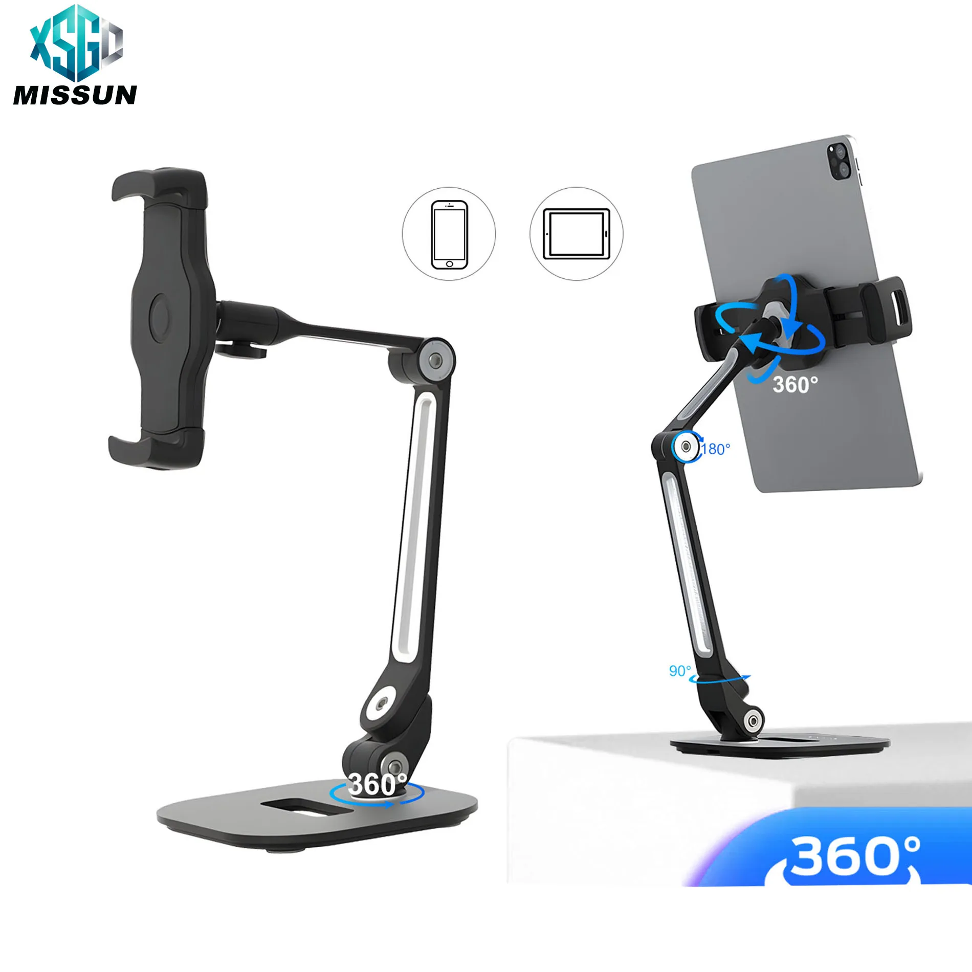 Tragbarer Tablet-Ständer aus Aluminiumlegierung für den Schreibtisch mit 360°-Drehung °   Rotierender, Ultra-Stabiler, Faltbarer und Verstellbarer Halter mit 1kg Tragfähigkeit