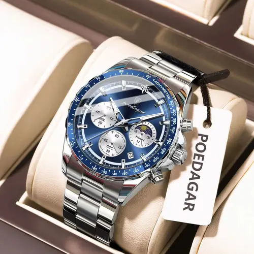 Imagen 2 del producto Reloj de pulsera POEDAGAR a la moda para hombre, cronógrafo con fecha, Reloj luminoso resistente al agua para hombre, relojes de cuarzo de lujo de acero inoxidable para hombre