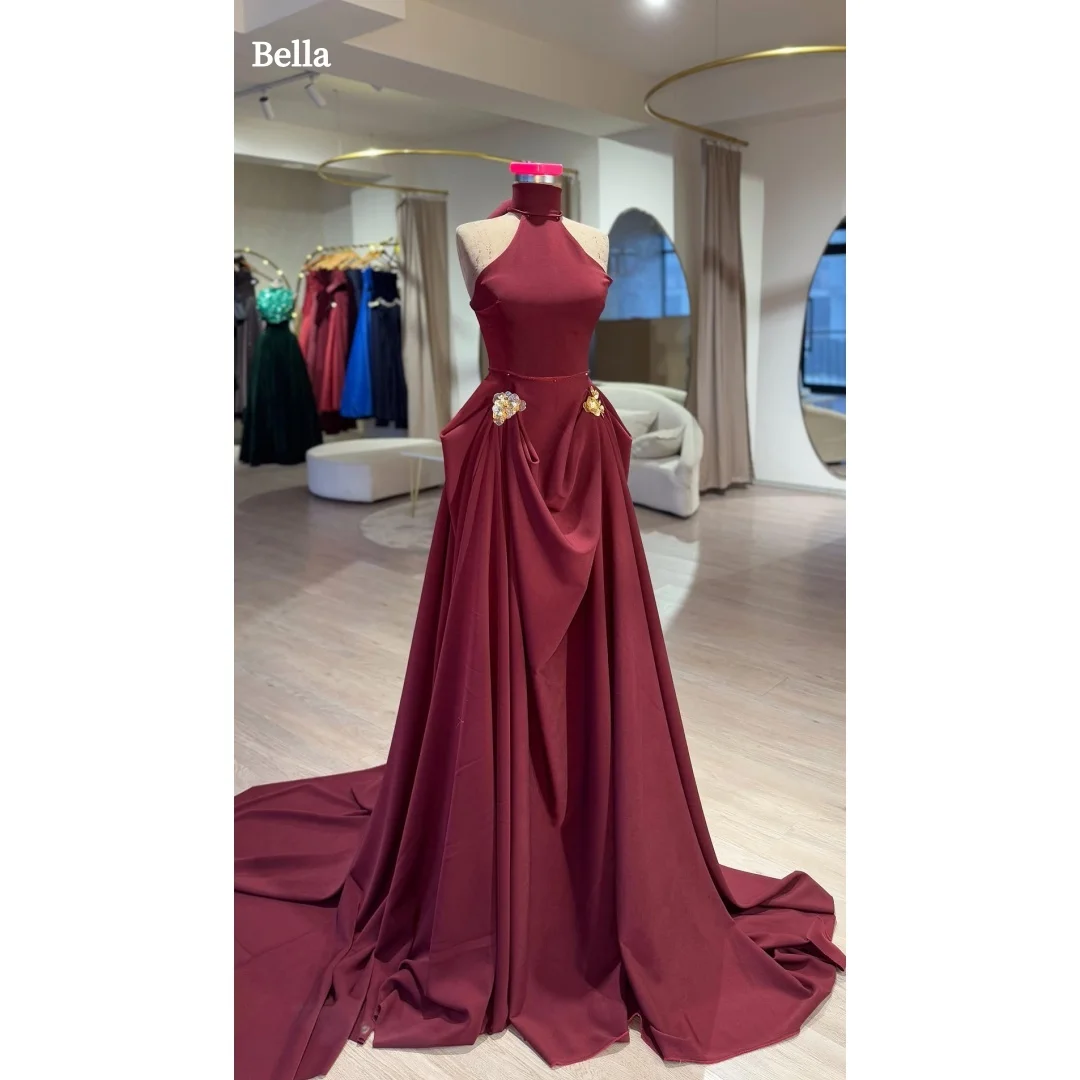Bella personnalisé bordeaux licou Satin robe de bal embelli détail robes de soirée élégantes longueur au sol robes de soirée formelles