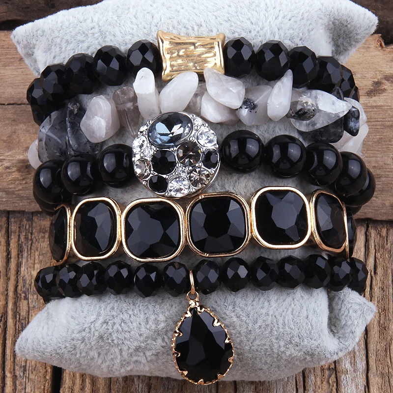 RH Fashion Boho Multi 5pc Beaded Black Bracelet Sets For Women Bohemian Stack Jewelry DropShip