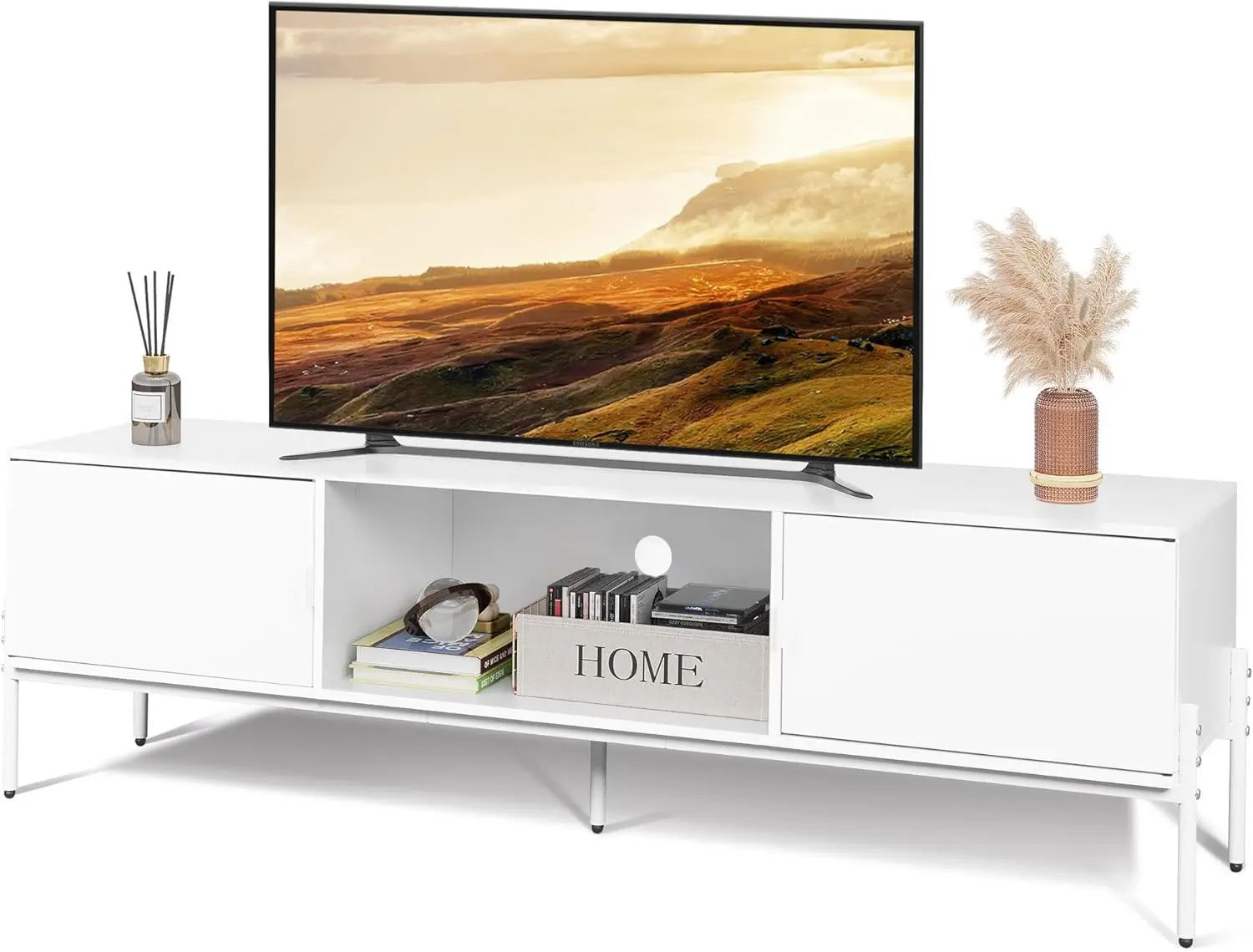 

Modern TV Stand for 65 Inch TV, Mid Century Entainment Center with Storage, TV Cabinet with Metal Legs, White