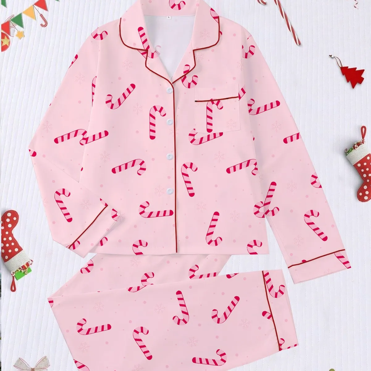 

Рождественский пижамный комплект, повседневная домашняя одежда с принтом ярких тростей, женский кардиган с длинными рукавами, брюки, одежда для сна, домашняя одежда, рождественский подарок