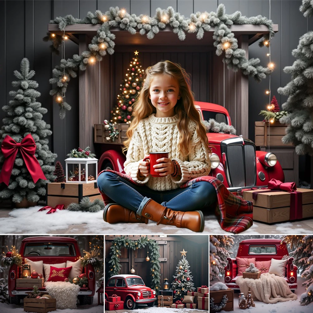 

MOON.QG Christmas New Year Decorations Background Photography Xmas Trees Carpet Red Car Custom Backdrop Decorations Photobooth
