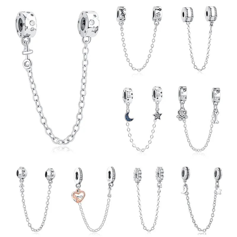New 925 Sterling Silver Charms Safety Chain Music Notes Love Heart Pendant Beads Fit DIY Bracelets Bangles Women Diy Jewelry