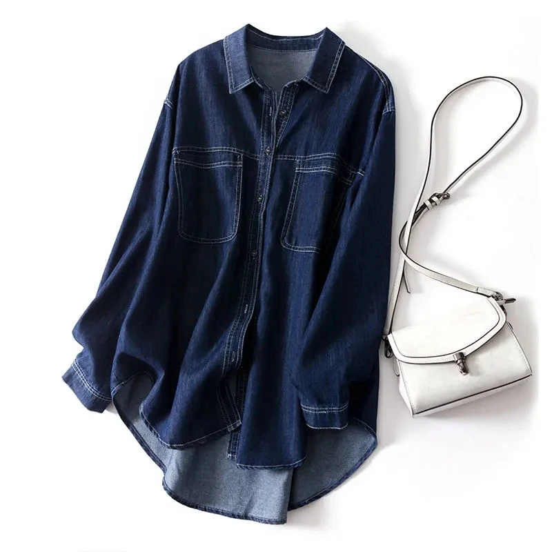 Oversize 85kg Loose Basic Jean Shirts Women Polo Collar Classical Denim Blouses 2023 Spring Fall Pocket Wash Blue Casual Blusas