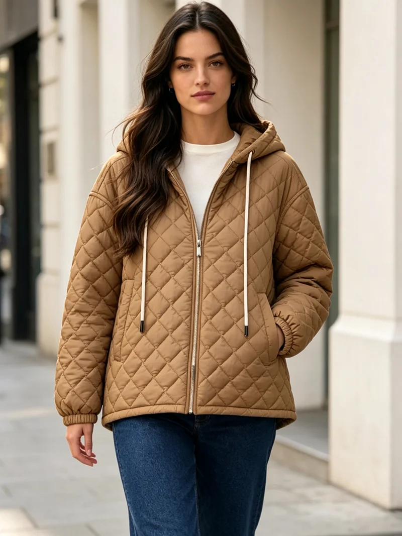 Women's hooded plaid quilted jacket winter loose zipper drawstring hooded elastic cuffs warm jacket