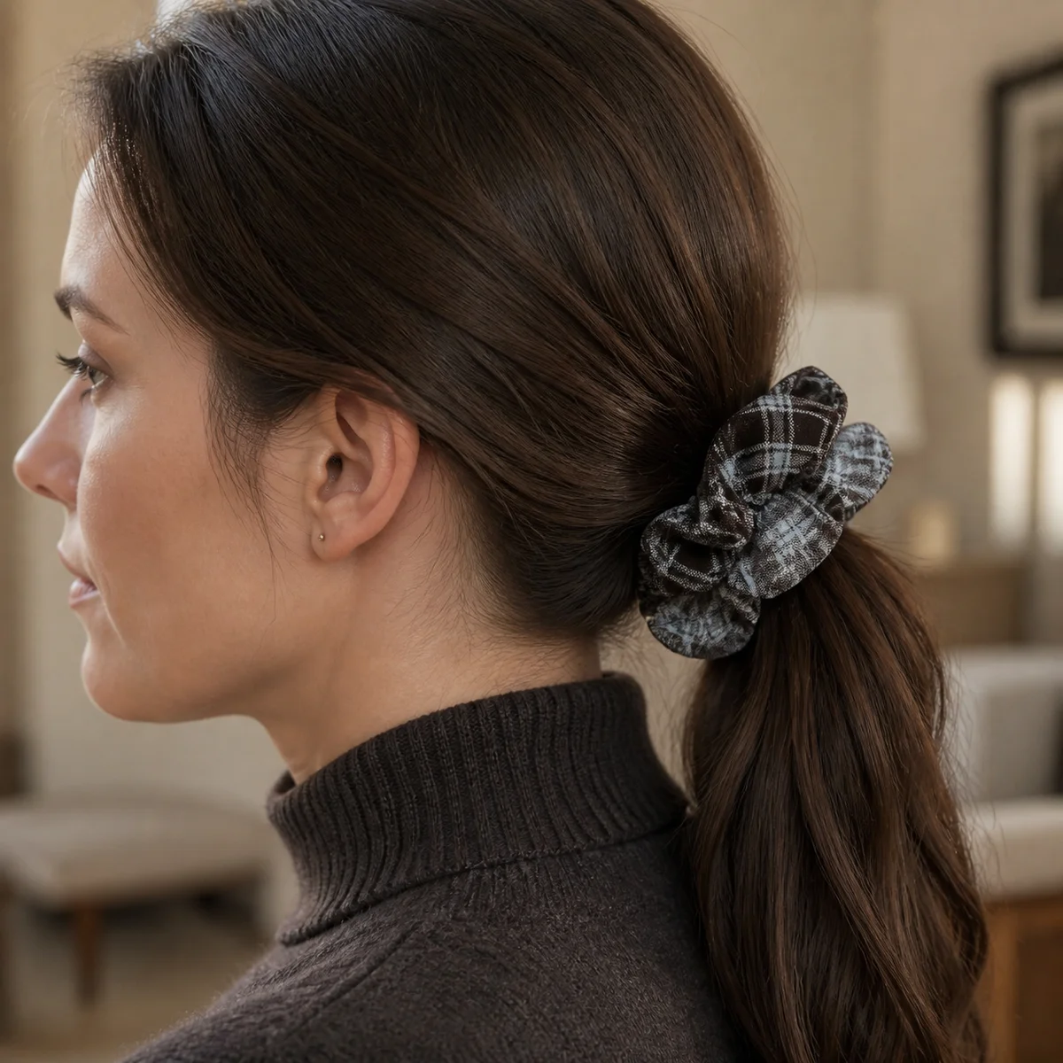 Chocolate Brown Icy Blue Gray Plaid Regular Double-Layer Hair Scrunchie with Rose Linework