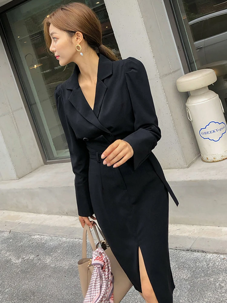 Spring Fashion Vintage Work Style Skirt Suits Women Black khaki Blazer Jacket Chic Slit Midi Skirt Elegant 2 Pieces Sets Femme