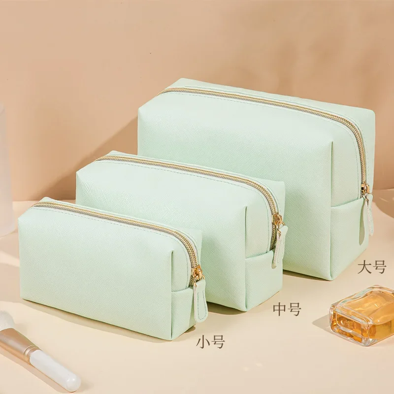 Solid Color Makeup Pouch Women Cosmetic Bag Waterproof PU Leather Travel Portable Wash Toiletry Storage Bag Organizer Purse