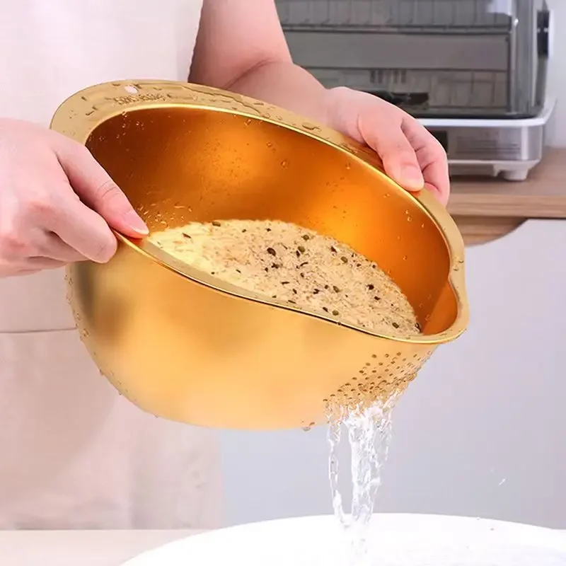 304 Stainless Steel Gold Rice Washer Strainer Bowl Rice Washing Bowl Sieve Colander Fruit And Vegetable Strainer Kitchen Tools