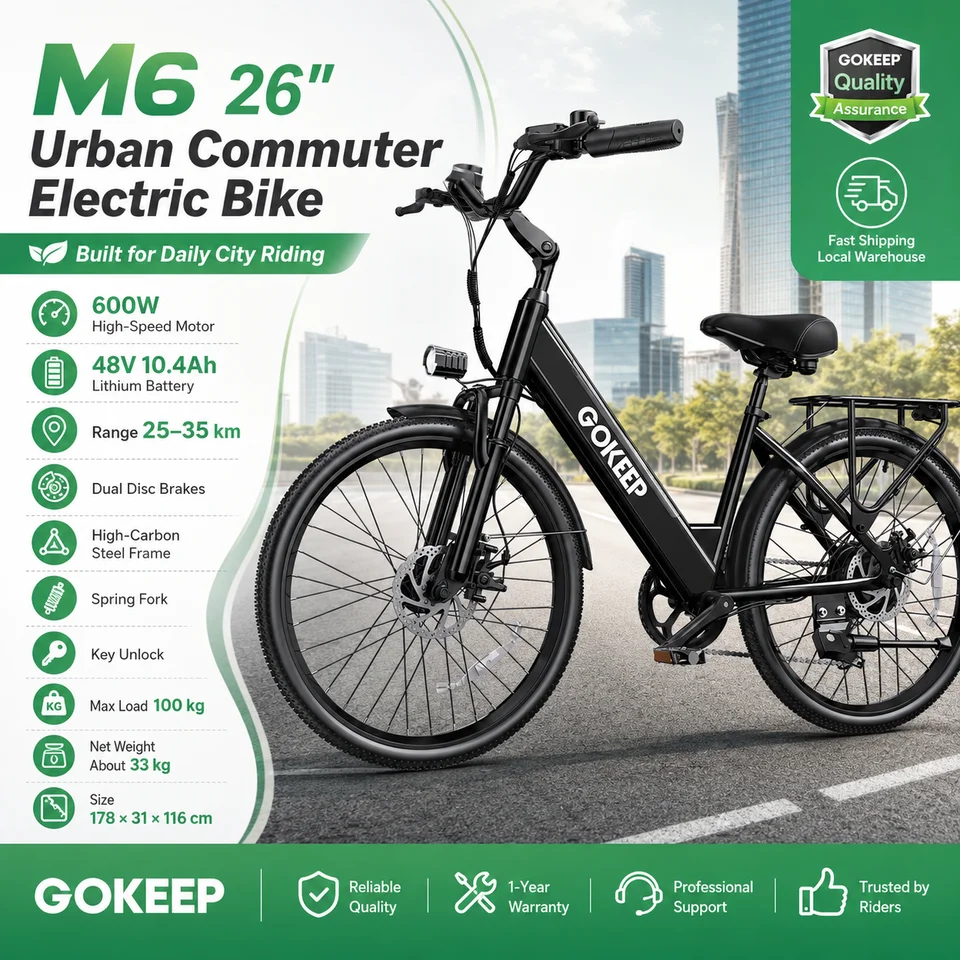 Adult City Commuter Electric Bike M6 26 Inch Wheels 600W Motor 48V 10.4Ah Battery Dual Disc Brakes Spring Fork 100KG Load image 5
