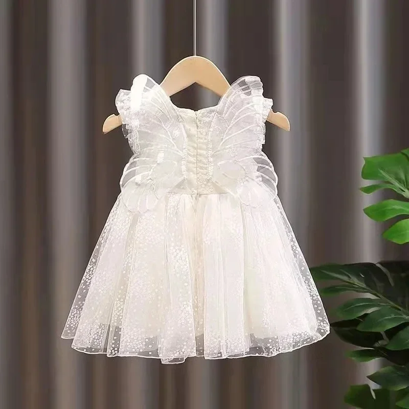 

Summer New Mesh Lace Girls Princess Dress Middle Small Children Cute Fluffy Dress Baby Girl Sweet Short-sleeved Lapel Dress