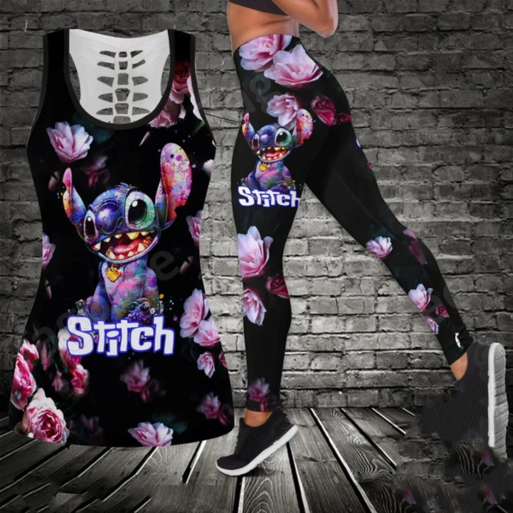 

2025Disney Stitch Women's Hollow Tanktop Leggings Yoga Set Summer Fitness Leggings Tracksuit Disney Cutout Tank Top Leggings Set