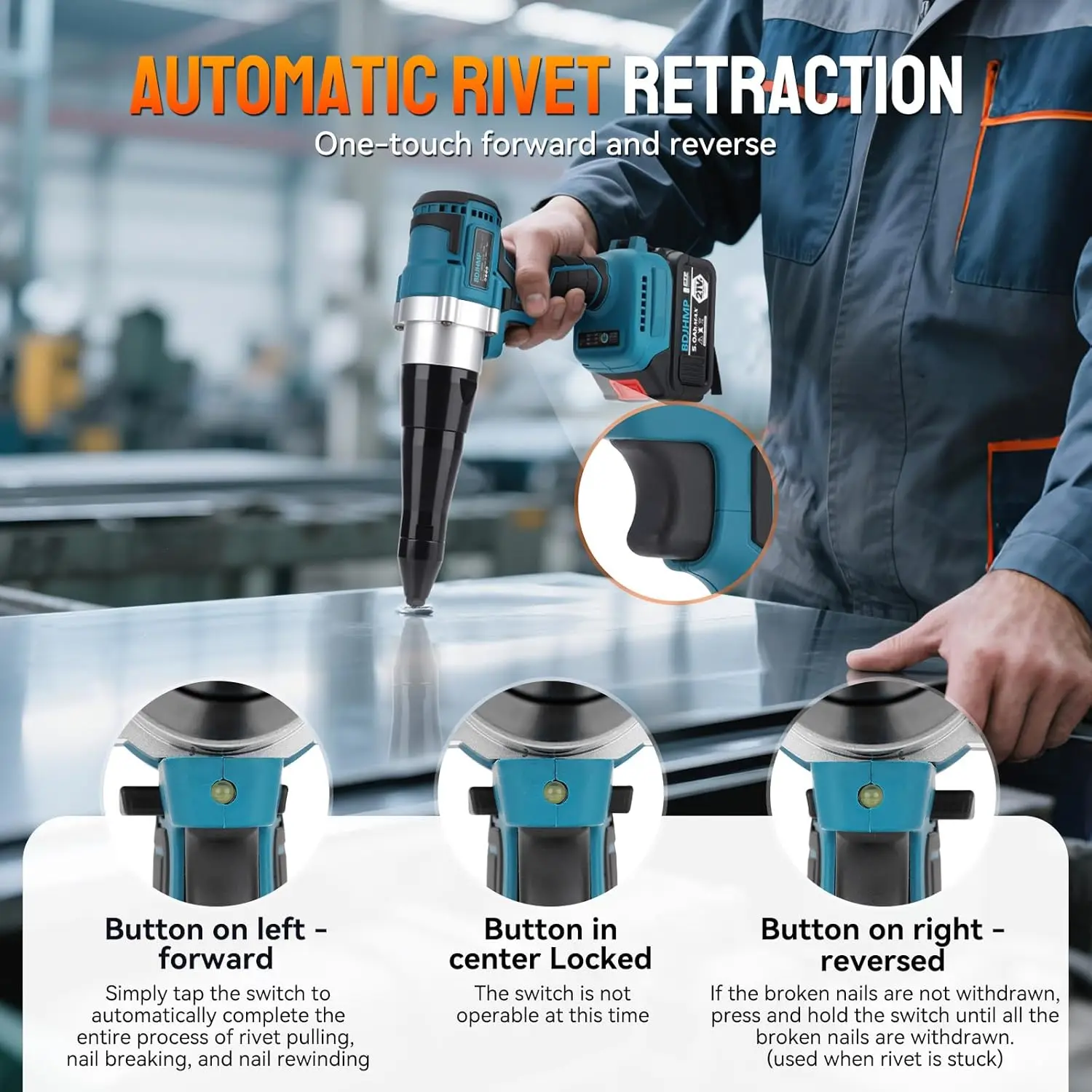 Cordless Rivet Gun, 2248 lbf Electric Riveter Kit for 1/8', 5/32', 3/16' Rivets with 2x 5.0Ah 18V Batteries