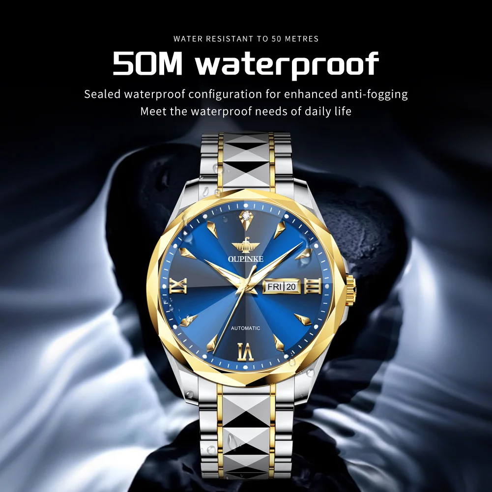 OUPINKE 3315 Mens Watch Tungsten Steel Automatic Mechanical Watch﻿ Waterproof Luminous Week Date Watches For Man Luxury Gift