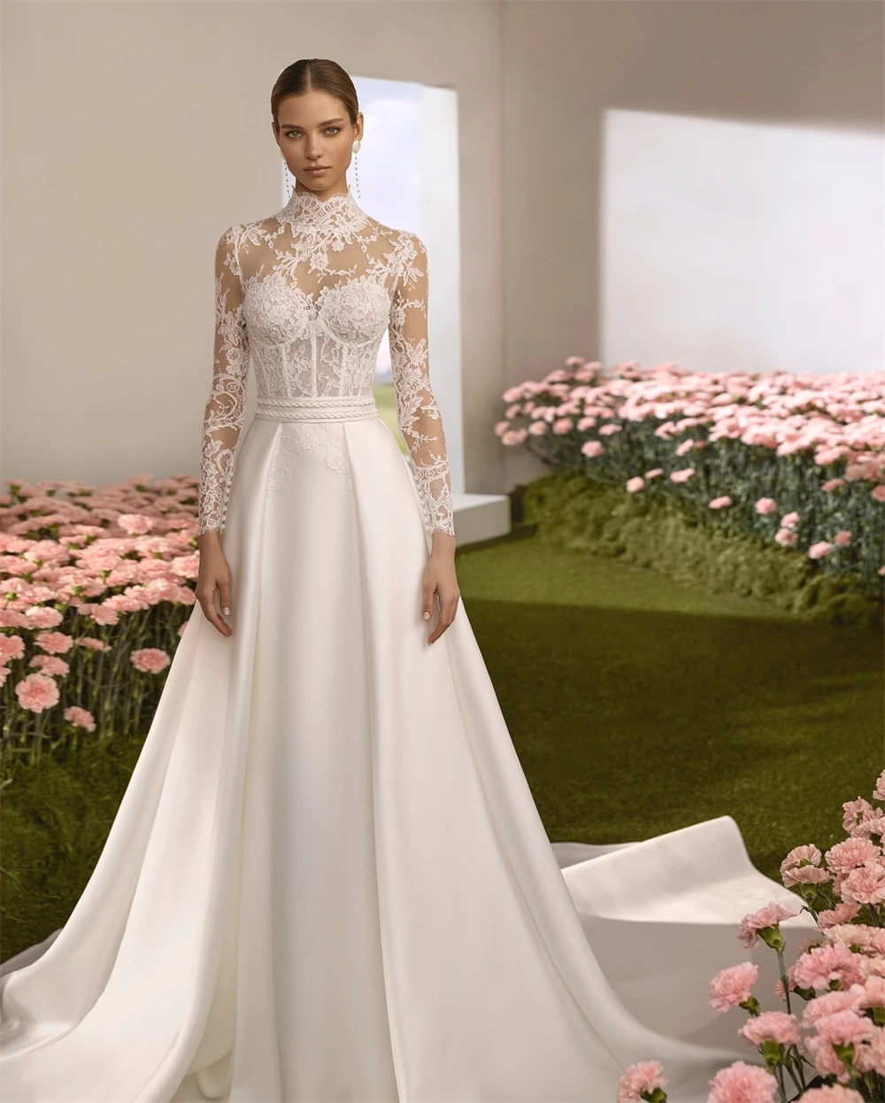 فستان زفاف من الساتان الأبيض حالم مخصص أنيق برقبة دائرية وأكمام طويلة زي العرائس بوهو على شكل حرف a ذيل محكمة فيستدو دي نوفيا