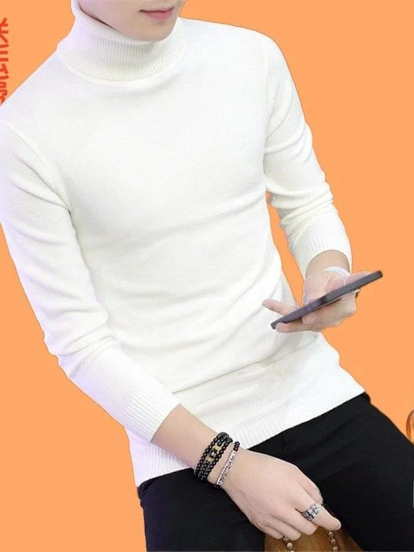 

Мужской утепленный свитер с высоким воротником и флисовой подкладкой, приталенный, трикотажный, осенне-зимний, модный базовый слой, белый, повседневный, с длинным рукавом