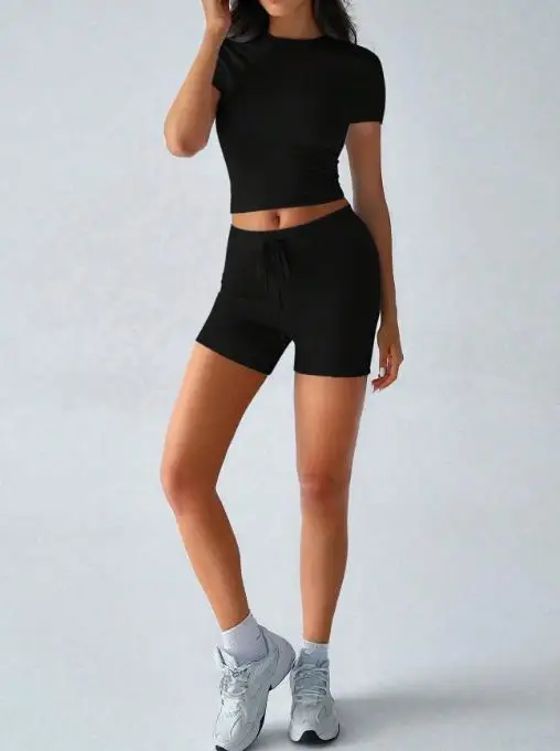 Summer Women's Yoga Sports Style Solid Color 2-Piece Round Neck Waist Cinched Short Sleeved Top and Lace Up Tight Shorts Set