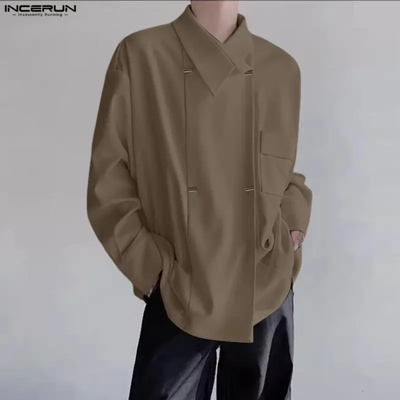 

INCERUN Мужская рубашка с однотонными лацканами и длинным рукавом в корейском стиле Мужская одежда Уличная одежда Свободные модные повседневные мужские рубашки в корейском стиле