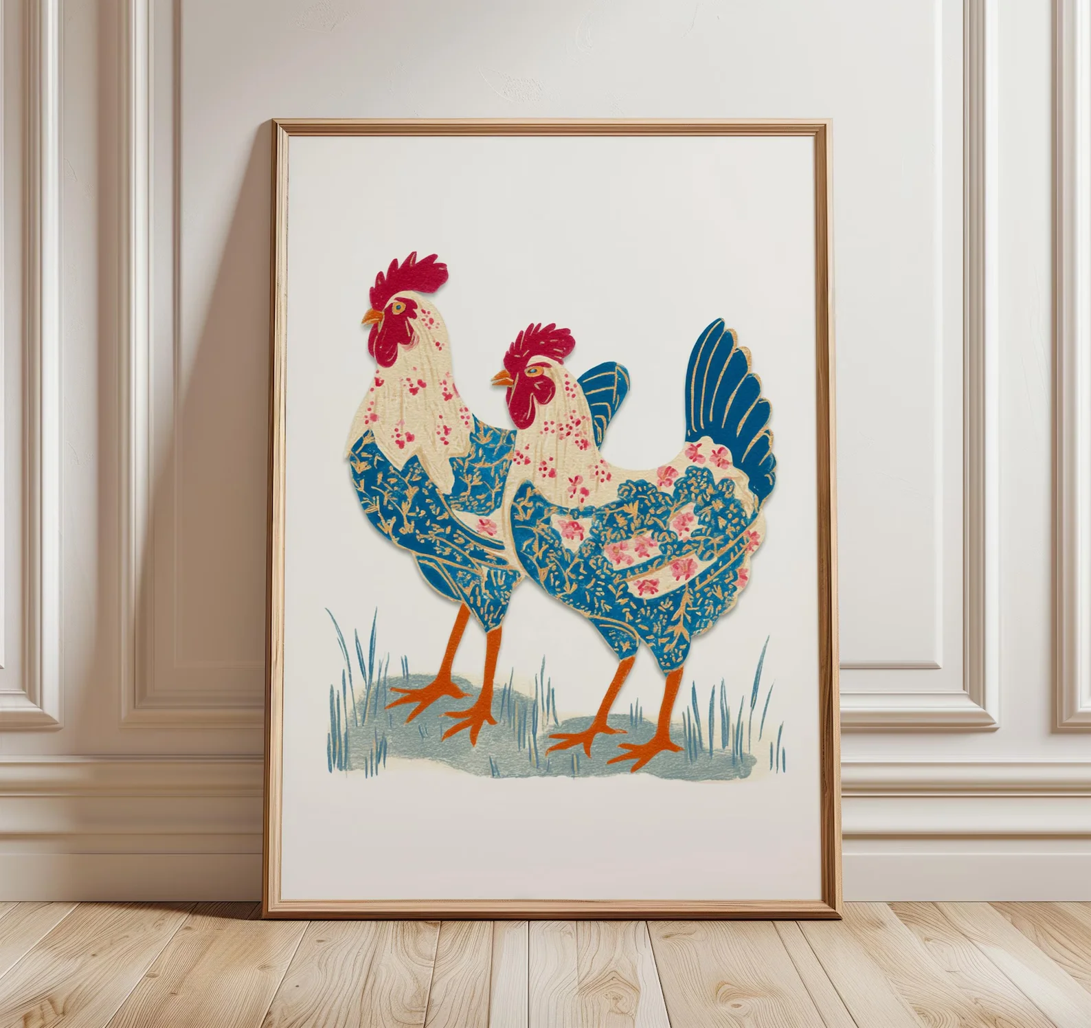 Floral Rooster Wall Art, Colorful Farmhouse Poster, Modern Folk Art Chicken Print for Kitchen and Country Home Decor