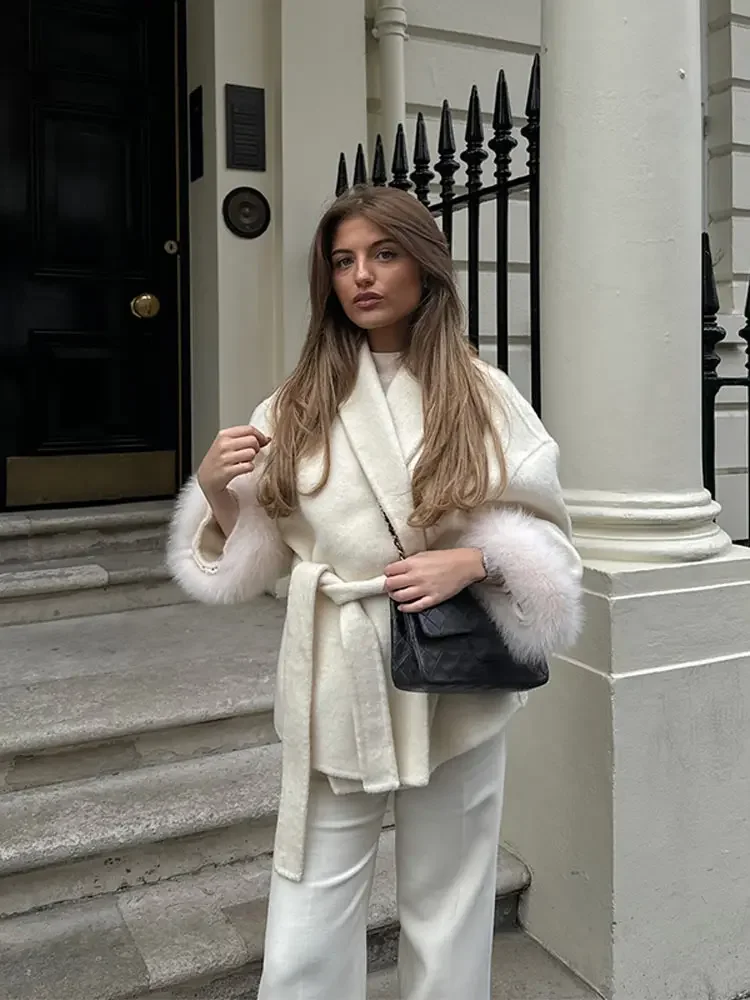 أنيقة الدانتيل يصل الفراء المرقعة معطف المرأة فضفاضة الصلبة طويلة الأكمام الخامس الرقبة المفتوحة غرزة معاطف الإناث 2025 الخريف سترة حريمي الموضة