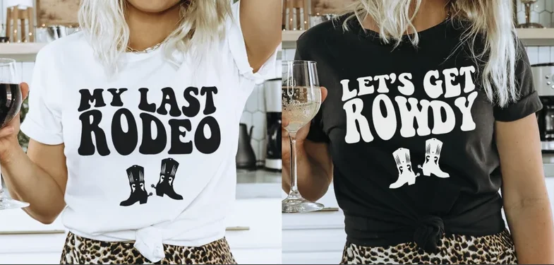 Country Bachelorette Party Shirt, Retro Cowgirl Brides, Last Rodeo, Short Sleeve Top Tees, O Neck, 100% Cotton, Y2K Goth DstressShipping