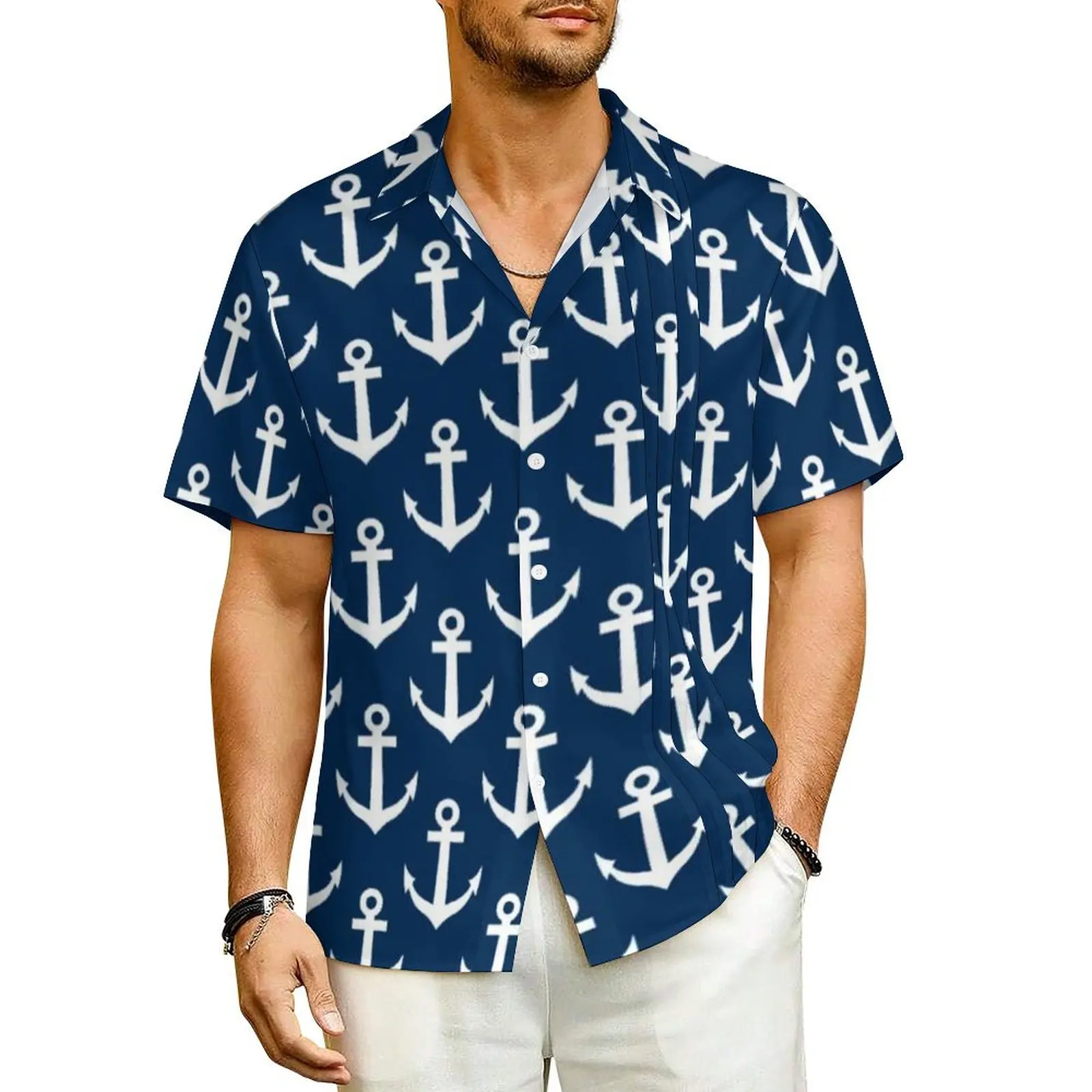 

Hawaii Shirt Beach Navy Blue Nautical Blouses Ship Anchor Novelty Casual Shirts Men Short Sleeve Streetwear Oversized Clothing