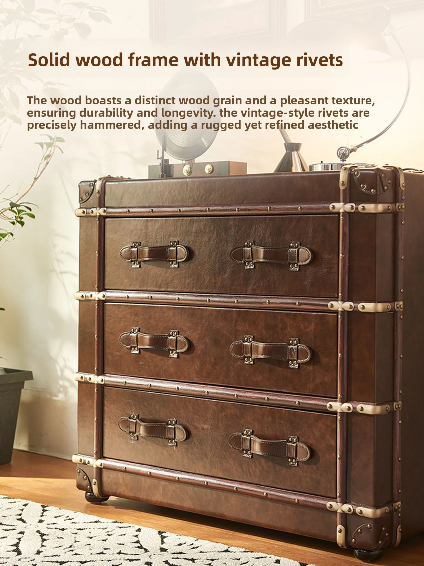 French medieval style bedroom solid wood chest cabinet American retro locker oil wax leather drawer cabinet storage cabinet