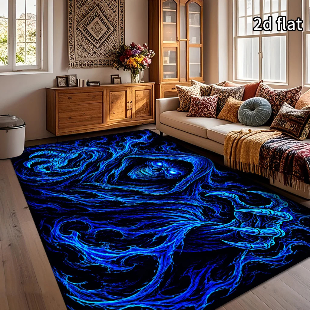 1pc Vintage Abstract Sparkling Blue Skull Pattern Area Rug, 2D Flat Design, Non‑Slip, Machine‑Washable, Lightweight Soft & Easy