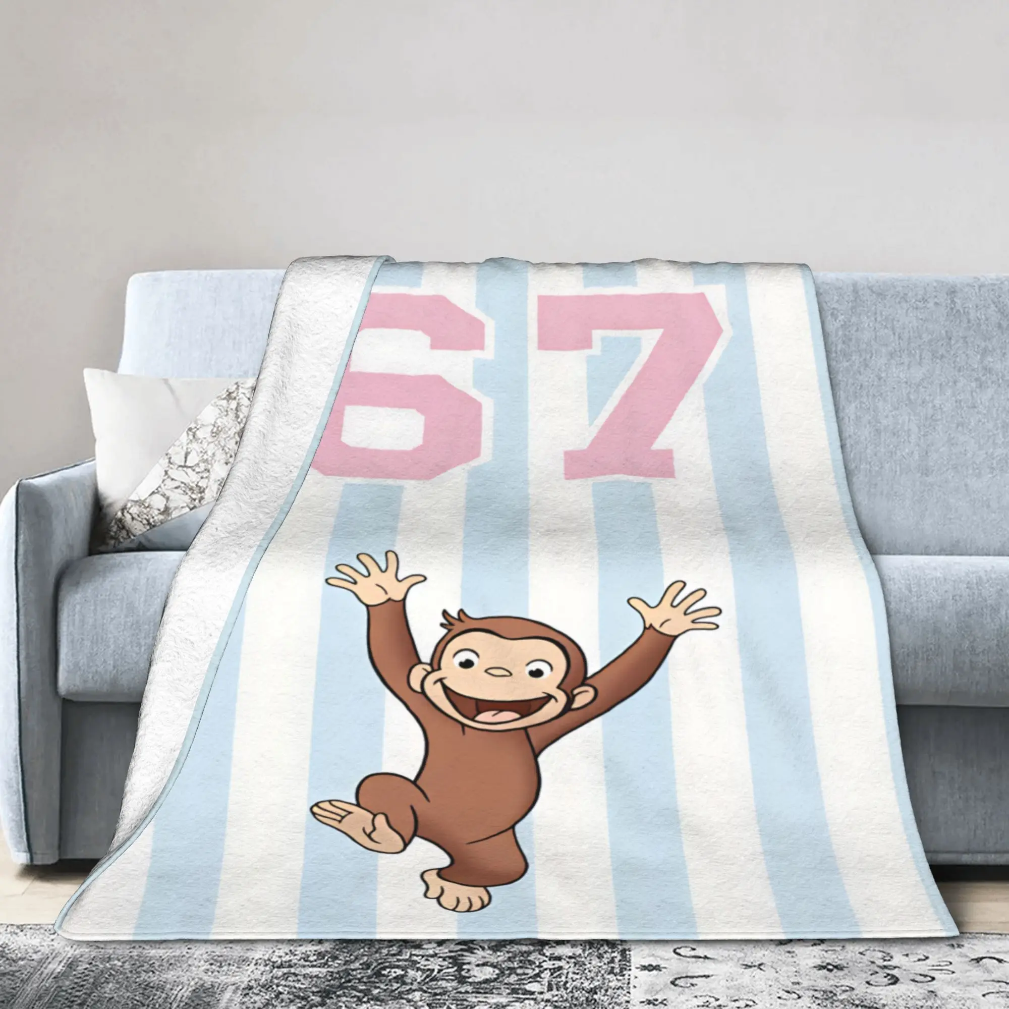 Warm Blanket Travel Office Curious George 67 Light Blue Stripe Throw Blanket  Flannel Bedspread For Couch Chair Sofa Bed Cover