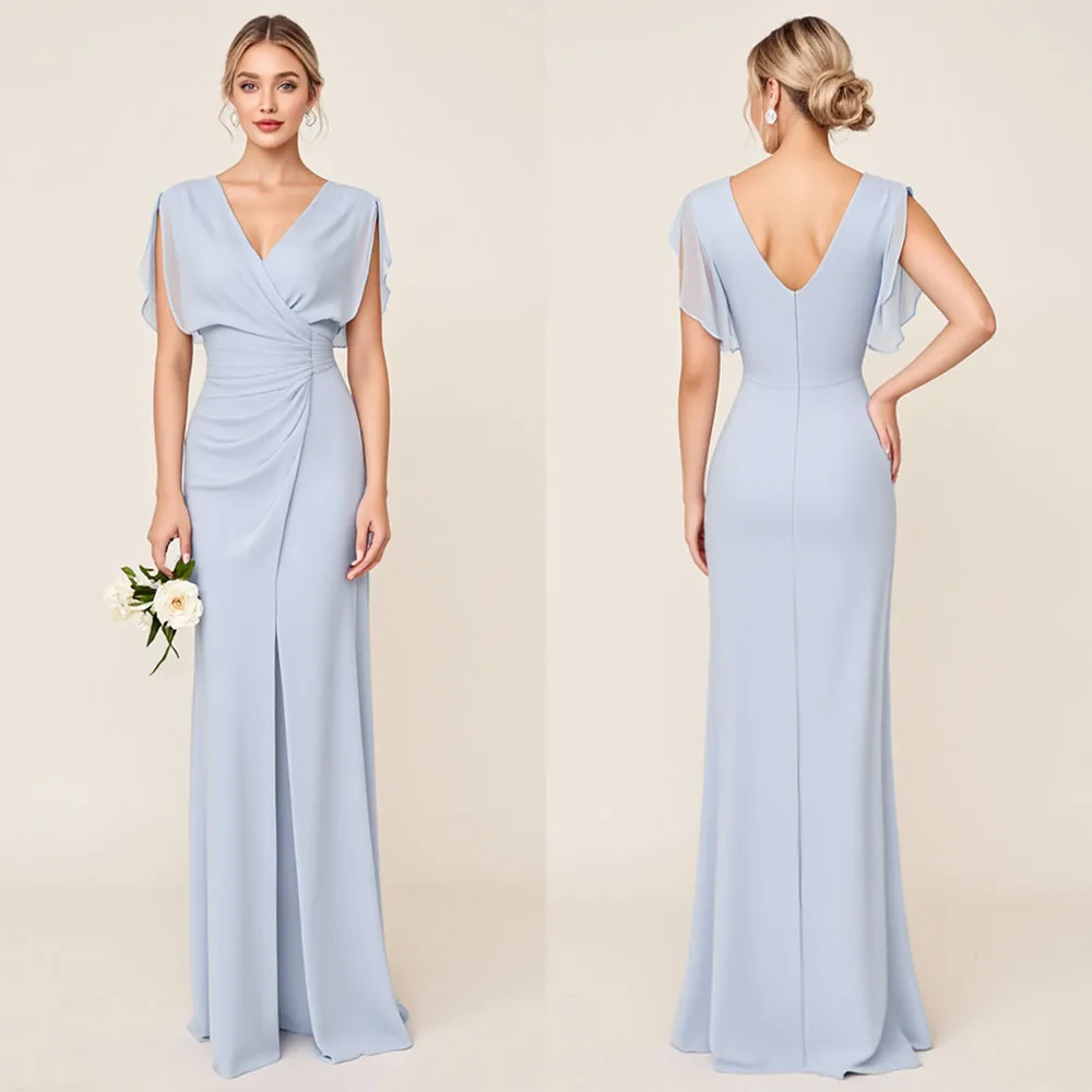 

High Quality Customized V-neck Floor Length Backless Sleeveless Blue Zipper Up Dresses for Women Party Robes De Soirée Prom