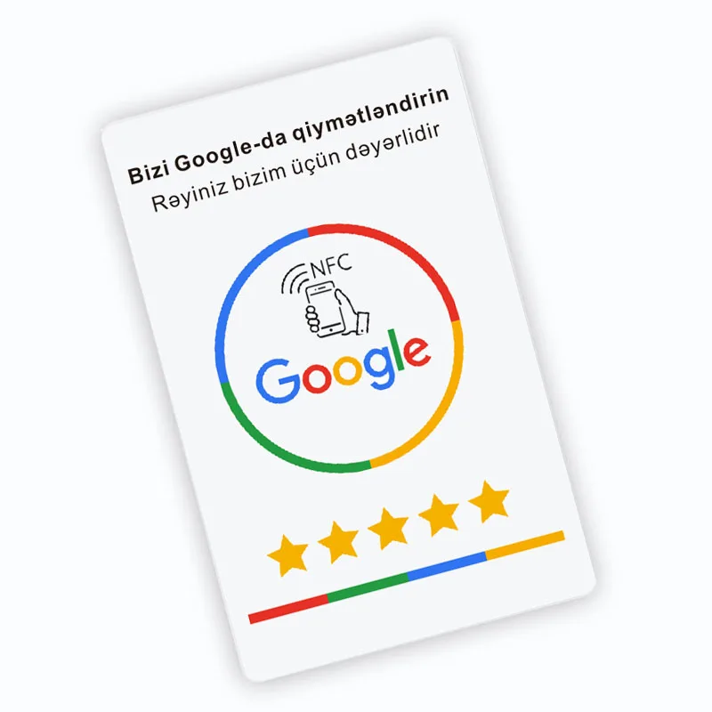 Hochwertige NFC-Karte für Google-Bewertungen in deutscher, niederländischer, französischer, spanischer, englischer und polnischer Sprache.