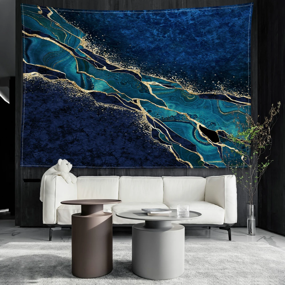 Blue green gilded marble printed tapestry, minimalist modern style bedroom study living room wall hanging art wall decoration