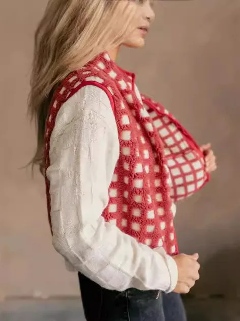 

Пушистый жилет в клетку на молнии с воротником-стойкой из утепленного полиэстера, весенний, уличный, средней длины, теплый, средней плотности