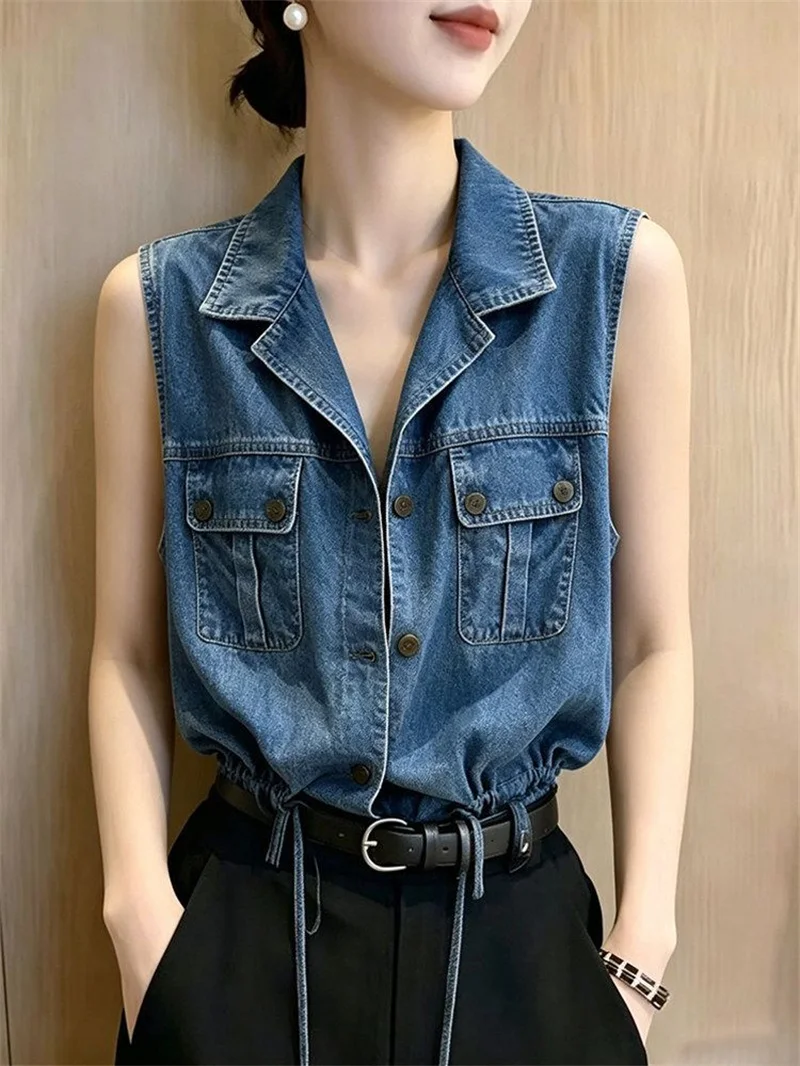 Super Nice Denim Shirt Top Women's Shirt Blouse 2026 Summer Autumn New Casual Waist-cinching Sleeveless Denim Jacket Coat 4