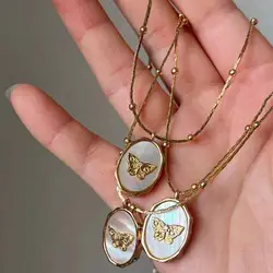 Vintage White Shell Butterfly Open Close Album Photo Frame Necklace for Women Gold Plated Pendant Collar Fashion Jewelry Gift