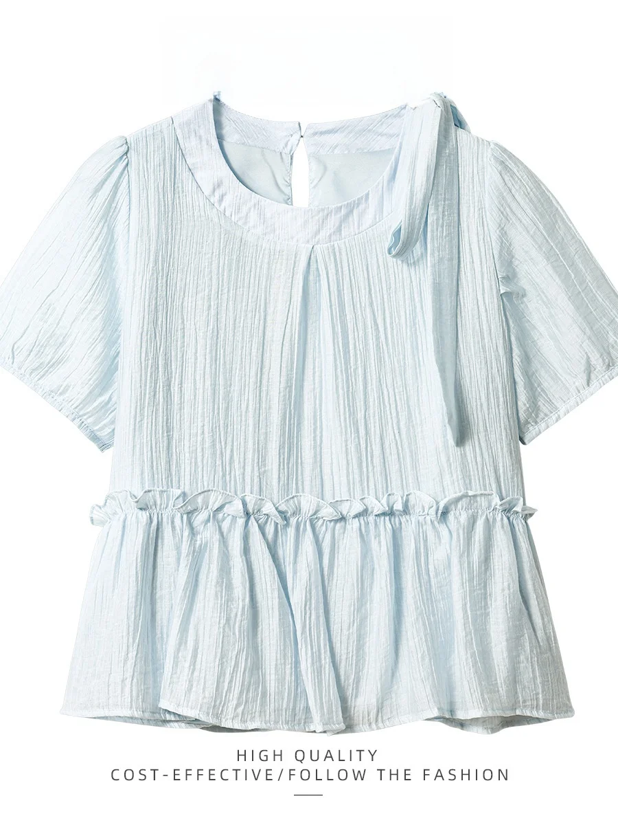 

PAIXIANG Women's Knot Short Sleeve Shirt Spring Summer New Loose Doll Shirt Chiffon Top French Style Hollow out Design