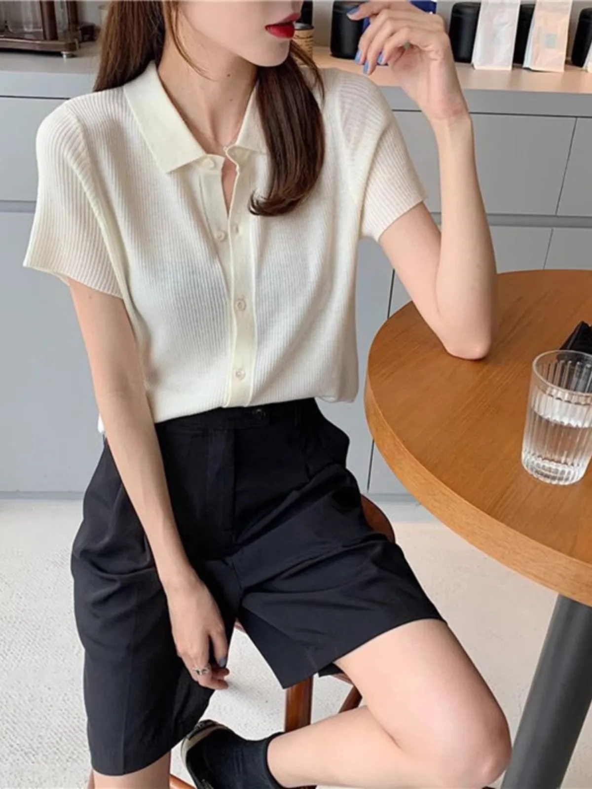 Fashion simple loose short POLO ice silk cotton short sleeve cardigan women\'s summer lapel thin half sleeve sweater