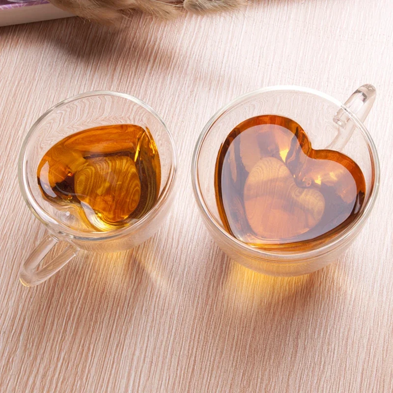 Heart Love Shaped Double Wall Glass Mug - Heat-Resistant Drinkware Gift - 24h Ship