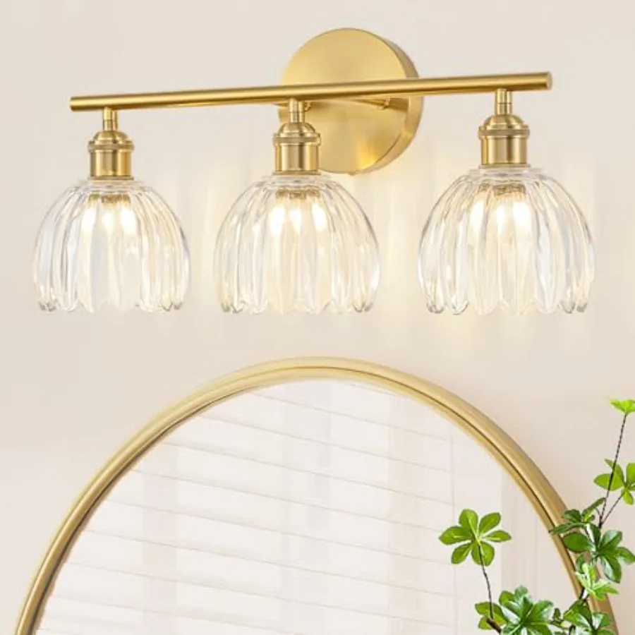 Gold Bathroom Light Fixtures Over Mirror, Bathroom Vanity Fixture with Tulip Glass Lampshade, Vintage Vanity Lights for Bathroo