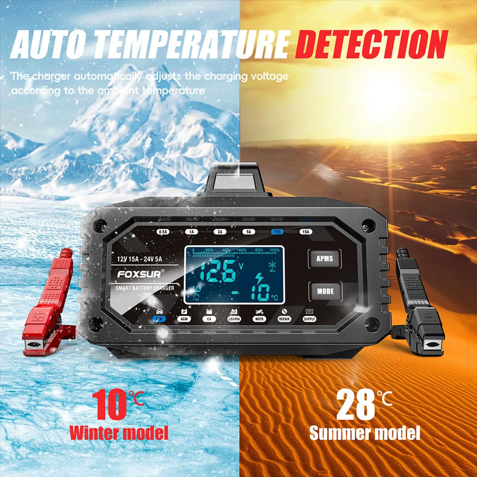 

Portable Car Battery Charger 15A Multi-voltage Smart Charging Device 12V 24V Automotive Battery Booster for Car Motorcycle