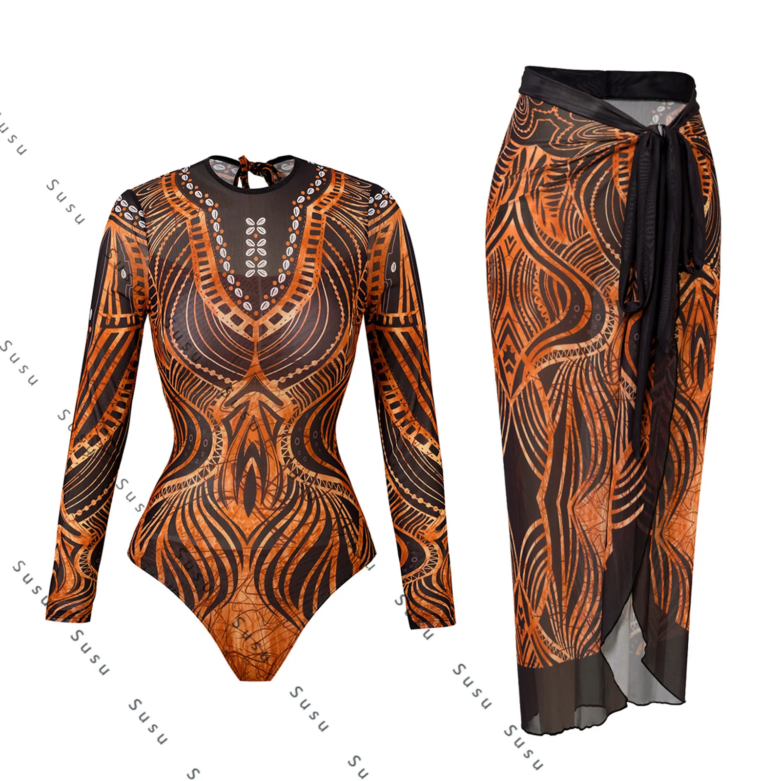 

New one-piece swimsuit women's European and American long-sleeved sunscreen Купальник Russian sportswear