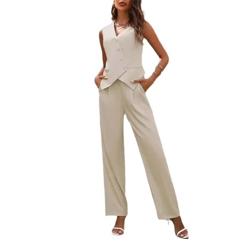 Two Piece Sets Women Pant Set V Neck Sleeveless Matching Sets Vests Tops Long Pants Blazer Straight Trousers Casual Streetwear