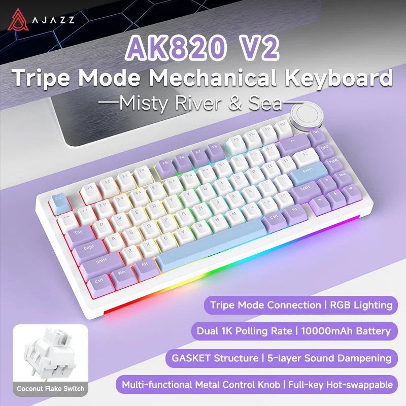 AJAZZ AK820 V2 Misty Sea Custom Keyboard, Tri-mode 2.4G/BT/Wired, Volledig hot-swappable, Smart Display Knob, Gasket met 5-laags geluidsdemping, RGB, Dubbele 1K polling rate, 10000mAh batterij, Peach