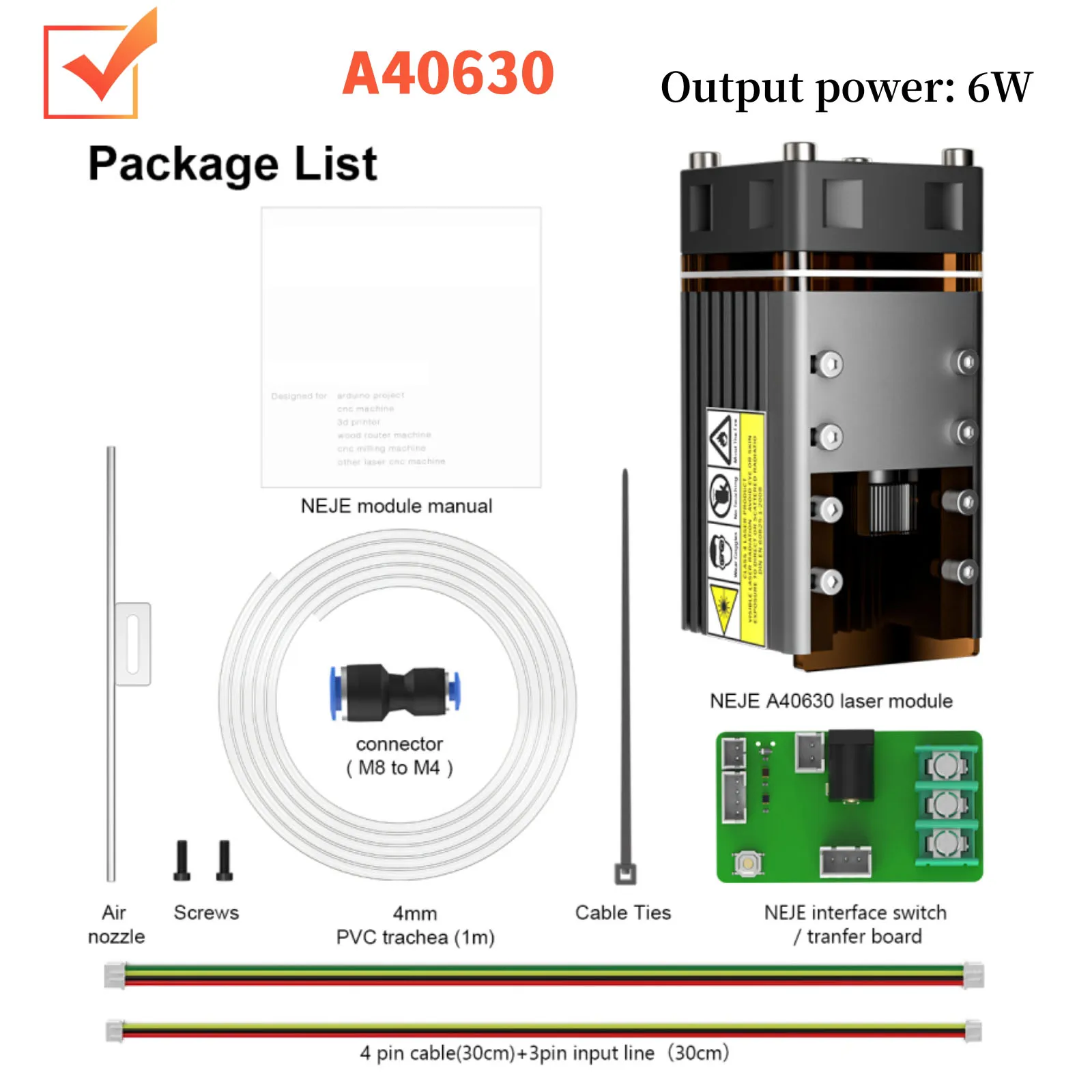 Ferramenta de corte a laser N30820/E80/A40630/A40640 Módulo laser 20-120W Módulo laser profissional, tecnologia de ponto de pressão