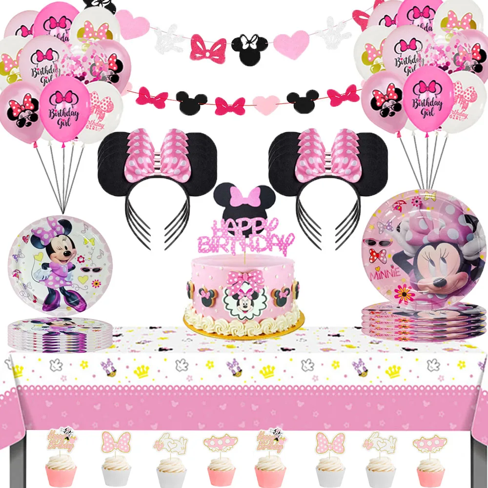 

New Disney Minnie Mouse Party Themed Birthday Anniversary Paper for Disposable Cutlery Decorations Girls Kids Love Cake DIY Part